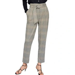 Zara TRF Nova Check High Rise Belted Trouser Pant XS Green Cream Tan